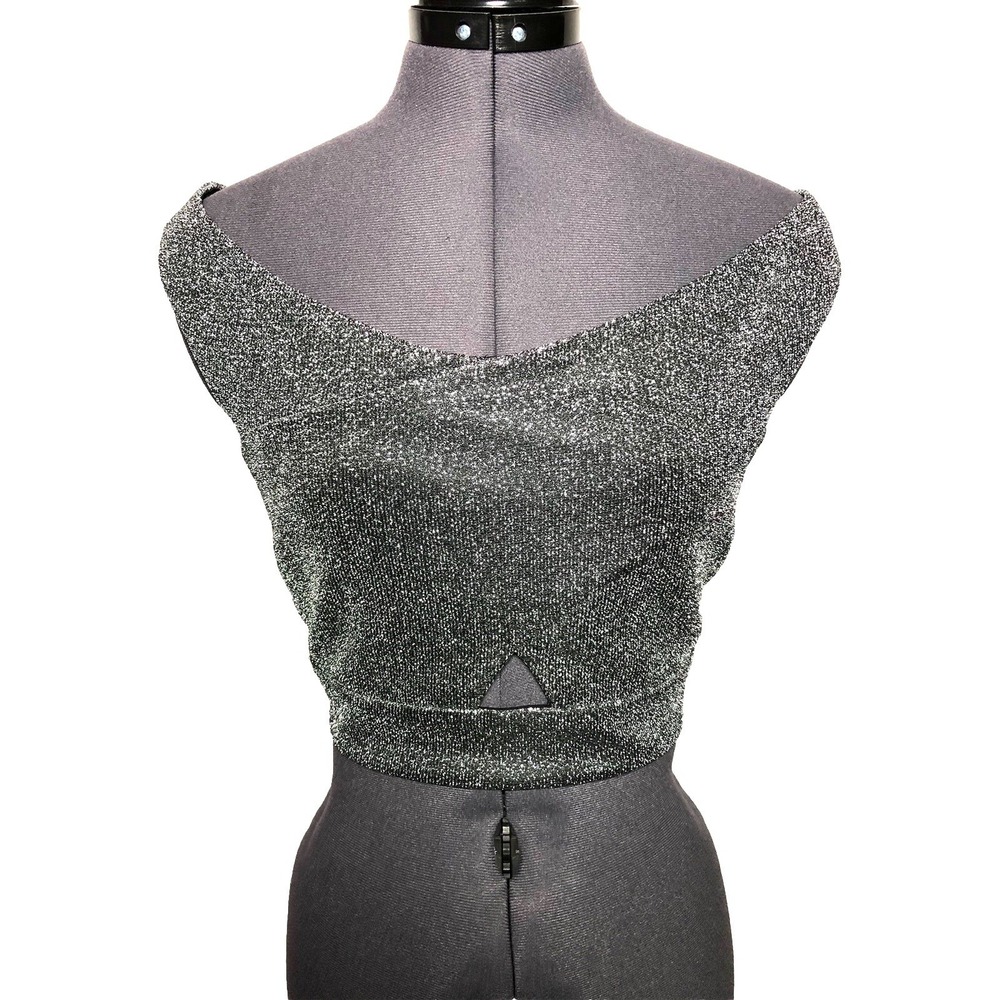 Express Silver‎ Metallic Off Shoulder Crop Top L Sparkle Lurex Party Club Y2K